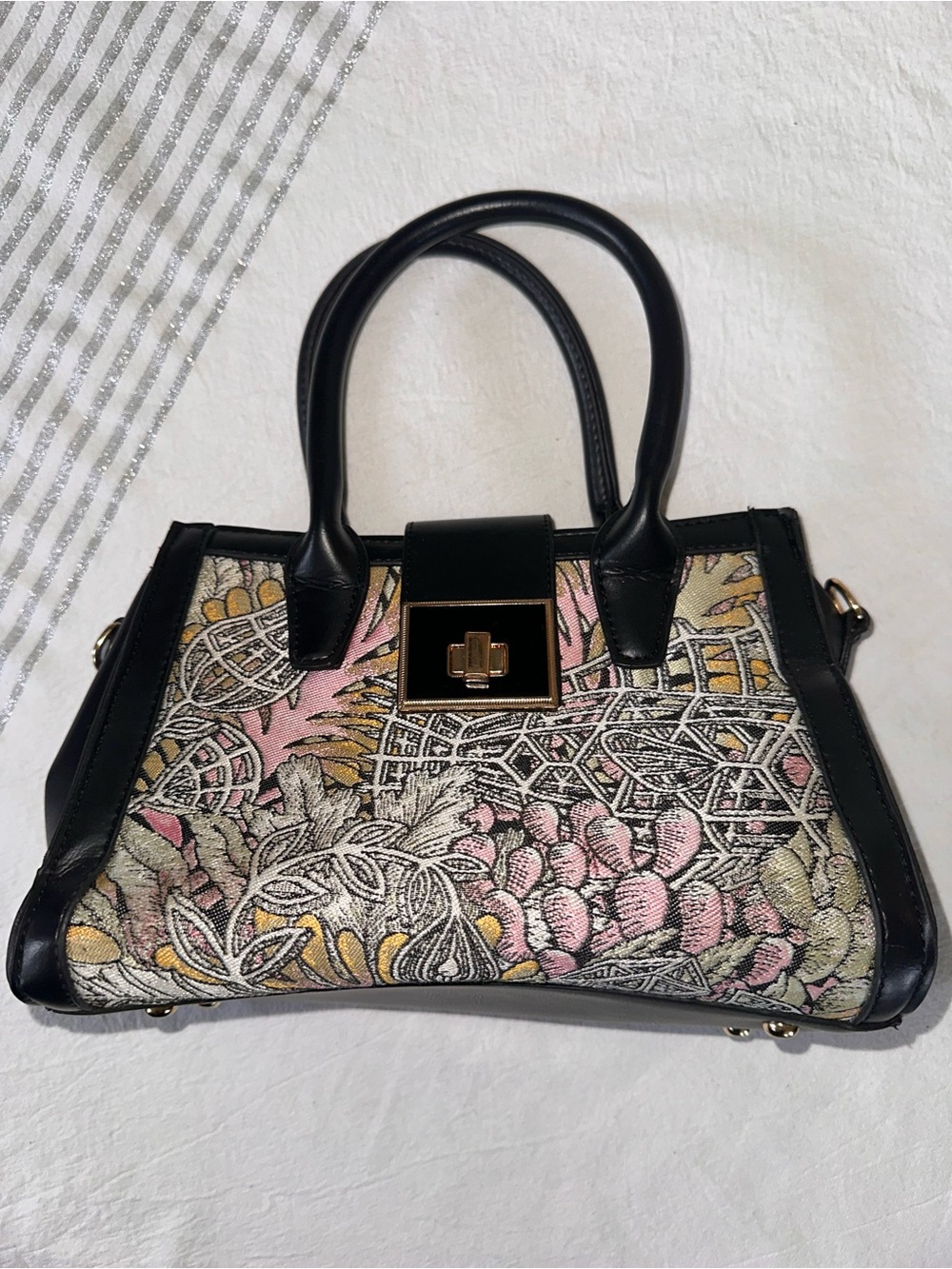 ⭐️ Black Vinyl and Floral Tapestry Satchel Handbag No brand